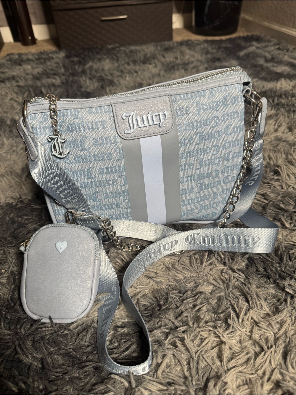 Juicy Couture Light Blue & White Signature Logo Crossbody Bag with Strap